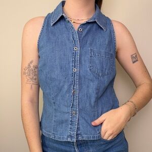 Vintage denim back cut out 100% cotton sleeveless tank top button down size M